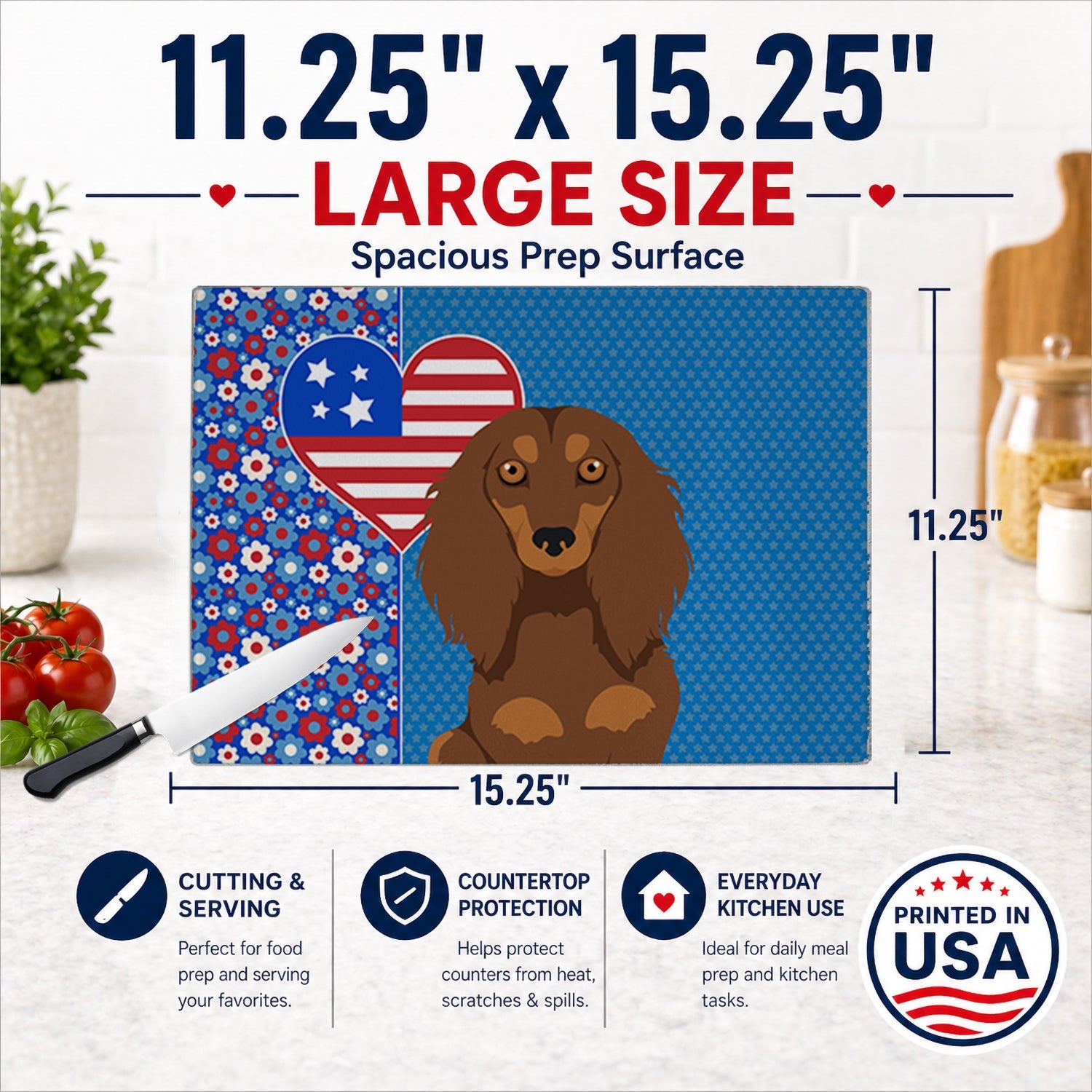 Longhair Chocolate and Tan Dachshund USA American Cutting Board Tempered Glass Kitchen Cutting Surface, Heat Resistant Chopping, Non-Slip Feet, Food Prep & Serving