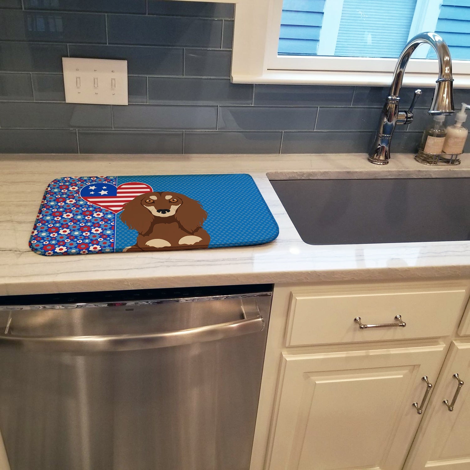 Longhair Chocolate and Cream Dachshund USA American Dish Drying Mat Absorbent Dish Drying Mat Pad for Kitchen Counter Dish Drainer Mat for Countertop, 14 x 21", Multicolor