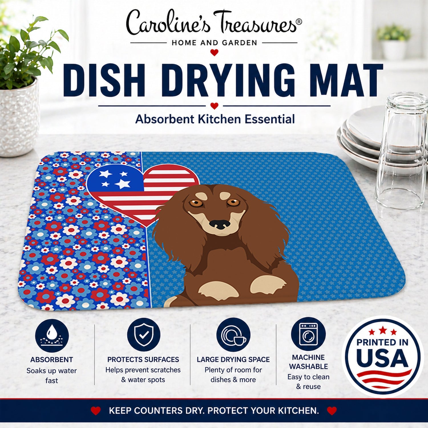 Longhair Chocolate and Cream Dachshund USA American Dish Drying Mat Absorbent Dish Drying Mat Pad for Kitchen Counter Dish Drainer Mat for Countertop, 14 x 21", Multicolor
