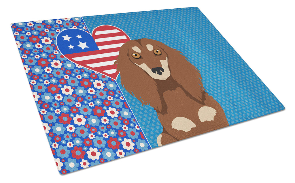 Longhair Chocolate and Cream Dachshund USA American Cutting Board Tempered Glass Kitchen Cutting Surface, Heat Resistant Chopping, Non-Slip Feet, Food Prep & Serving