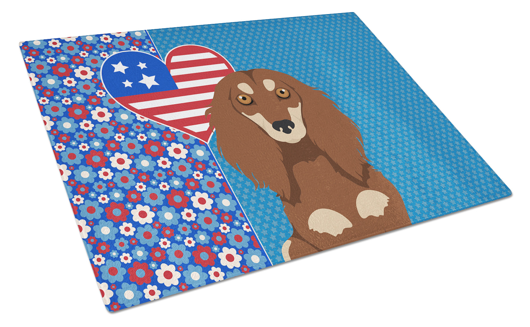 Longhair Chocolate and Cream Dachshund USA American Cutting Board Tempered Glass Kitchen Cutting Surface, Heat Resistant Chopping, Non-Slip Feet, Food Prep & Serving