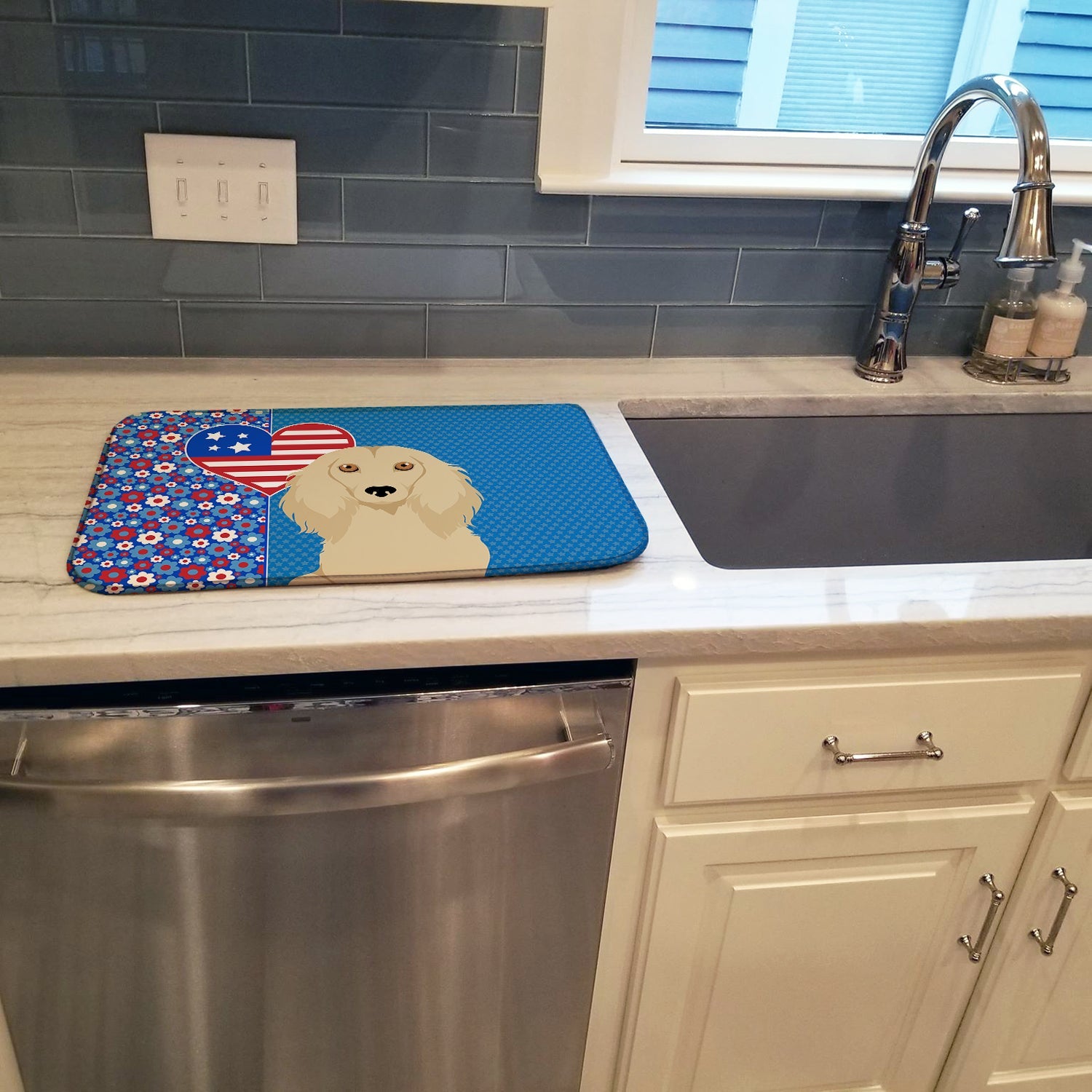 Longhair Cream Dachshund USA American Dish Drying Mat Absorbent Dish Drying Mat Pad for Kitchen Counter Dish Drainer Mat for Countertop, 14 x 21", Multicolor