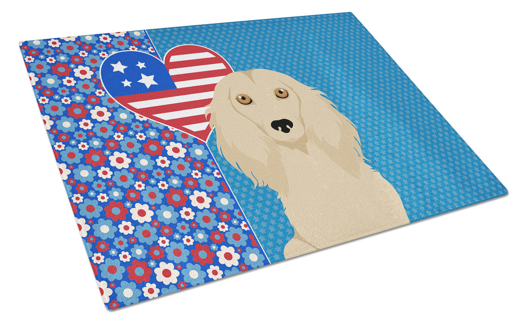 Longhair Cream Dachshund USA American Cutting Board Tempered Glass Kitchen Cutting Surface, Heat Resistant Chopping, Non-Slip Feet, Food Prep & Serving