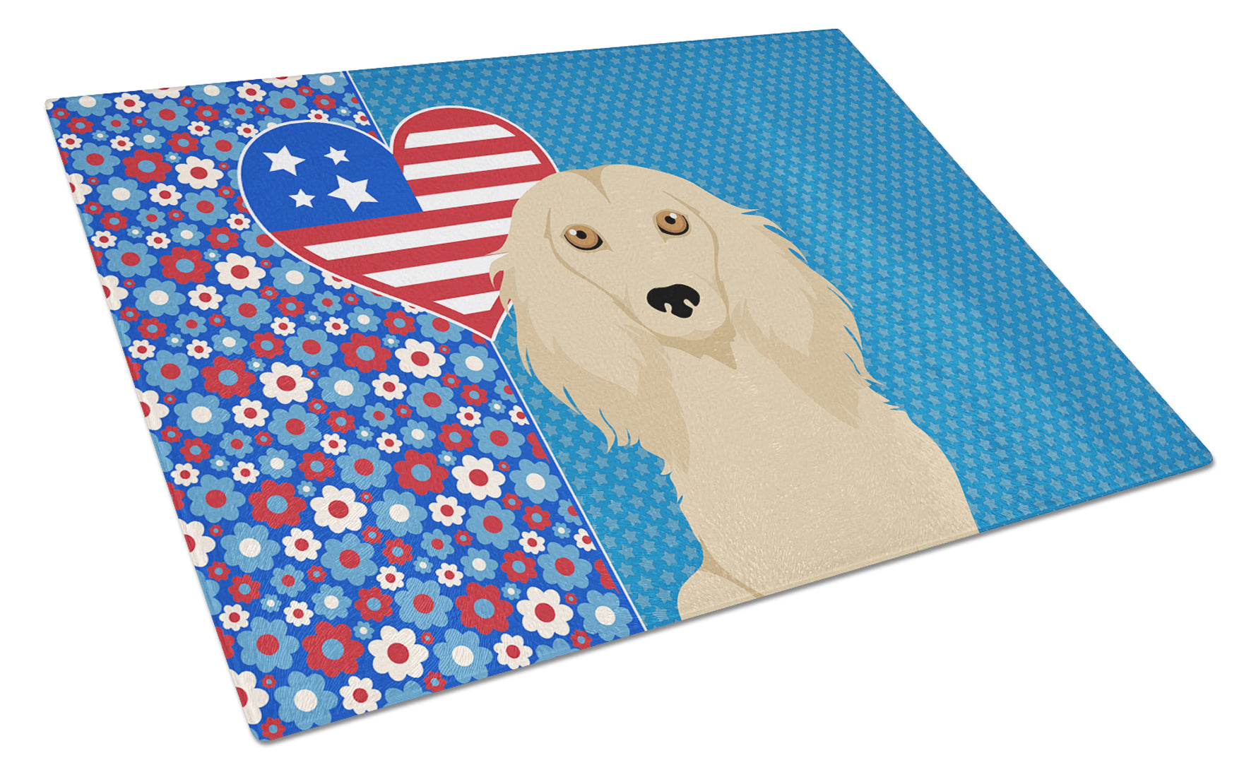 Longhair Cream Dachshund USA American Cutting Board Tempered Glass Kitchen Cutting Surface, Heat Resistant Chopping, Non-Slip Feet, Food Prep & Serving