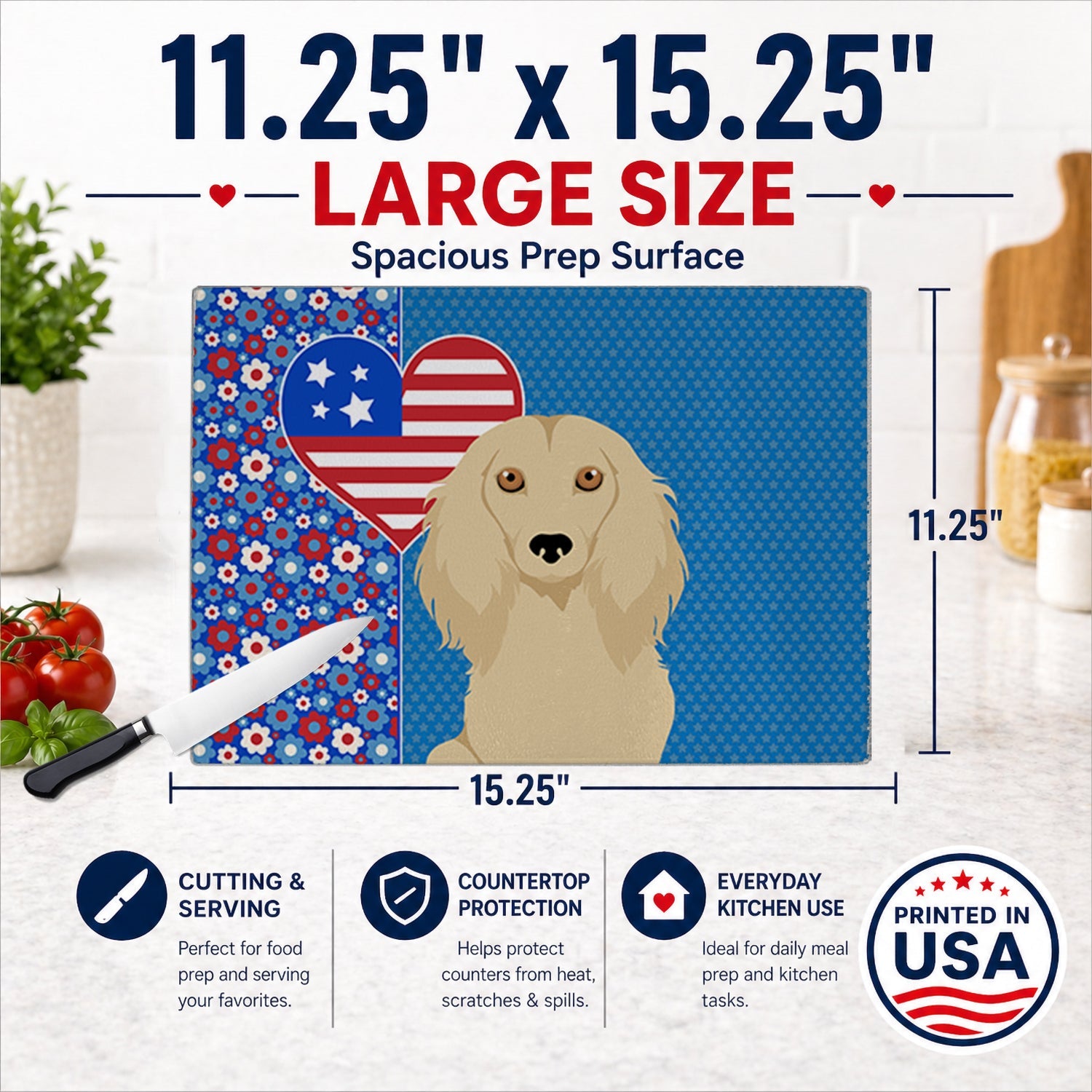 Longhair Cream Dachshund USA American Cutting Board Tempered Glass Kitchen Cutting Surface, Heat Resistant Chopping, Non-Slip Feet, Food Prep & Serving