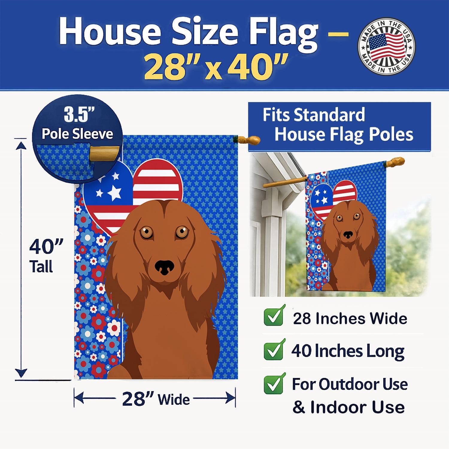 Longhair Red Dachshund USA American House Flag 28x40 Porch Sleeve Pole Decorative Outside Yard Banner Artwork Wall Hanging, Polyester