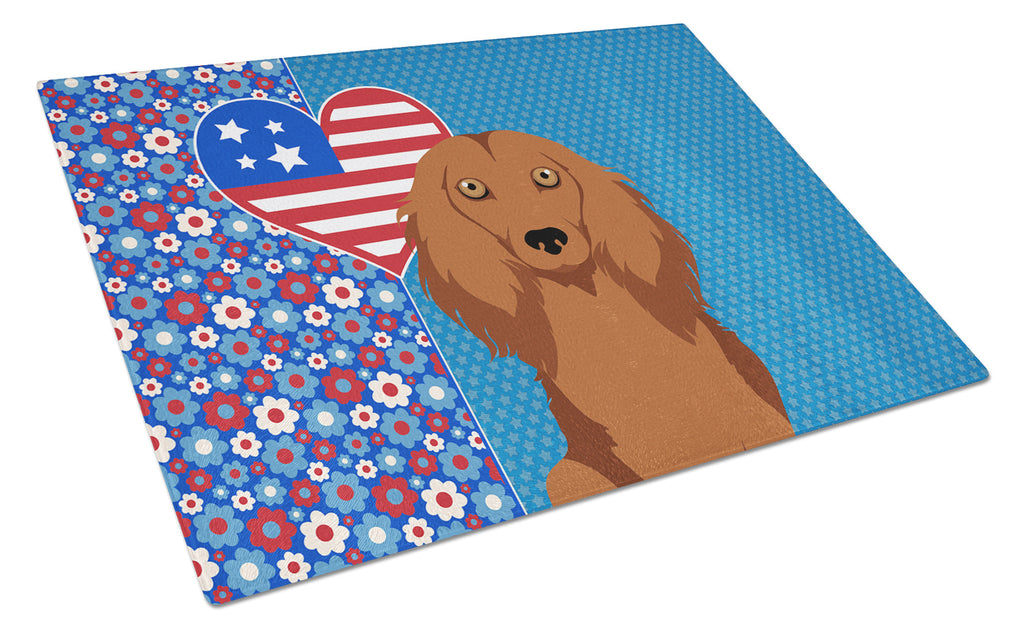 Longhair Red Dachshund USA American Cutting Board Tempered Glass Kitchen Cutting Surface, Heat Resistant Chopping, Non-Slip Feet, Food Prep & Serving