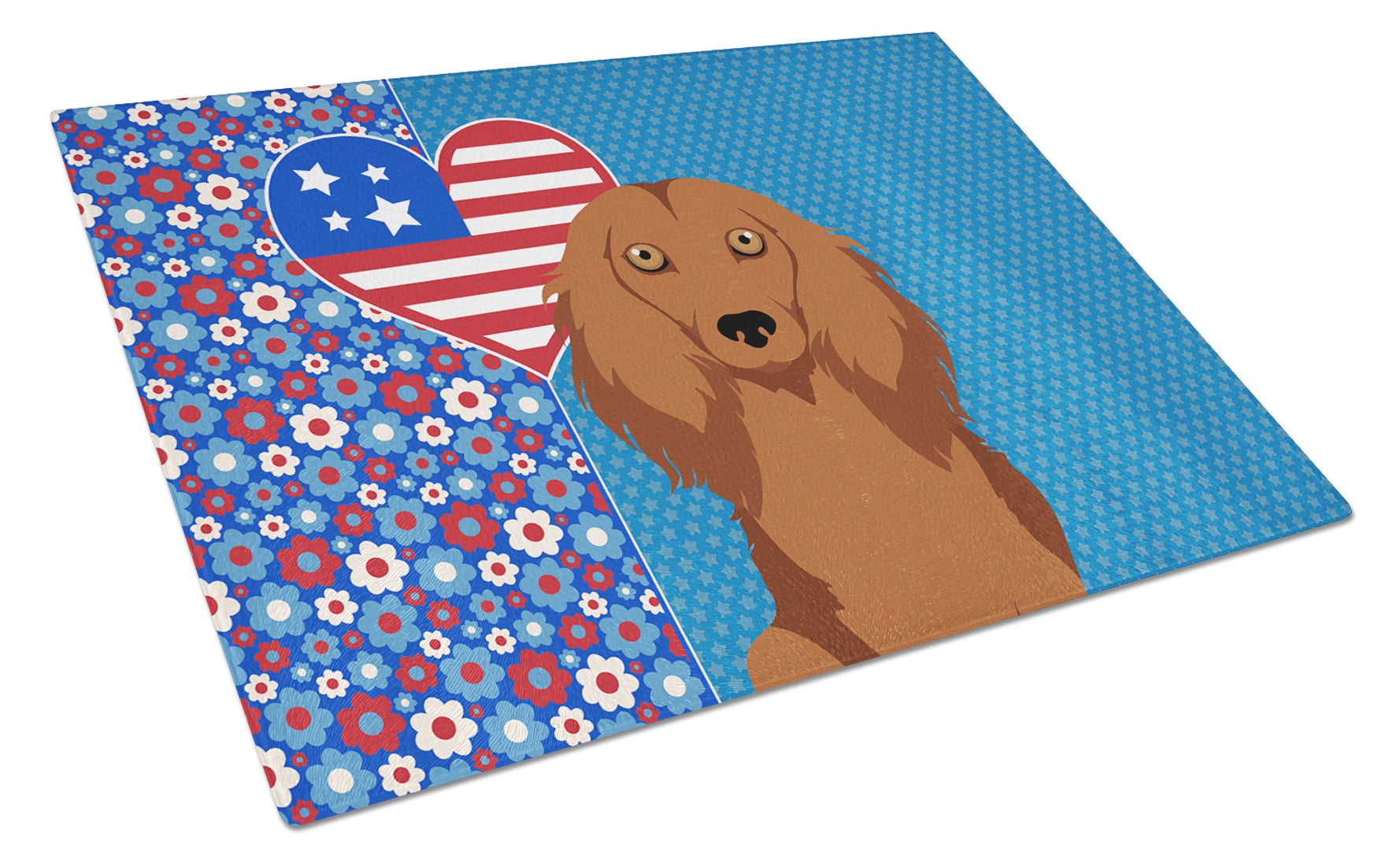 Longhair Red Dachshund USA American Cutting Board Tempered Glass Kitchen Cutting Surface, Heat Resistant Chopping, Non-Slip Feet, Food Prep & Serving