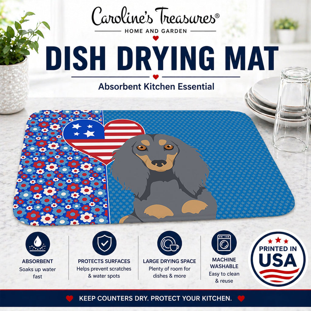 Longhair Blue and Tan Dachshund USA American Dish Drying Mat Absorbent Dish Drying Mat Pad for Kitchen Counter Dish Drainer Mat for Countertop, 14 x 21", Multicolor