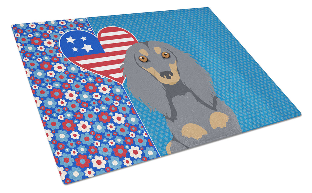 Longhair Blue and Tan Dachshund USA American Cutting Board Tempered Glass Kitchen Cutting Surface, Heat Resistant Chopping, Non-Slip Feet, Food Prep & Serving