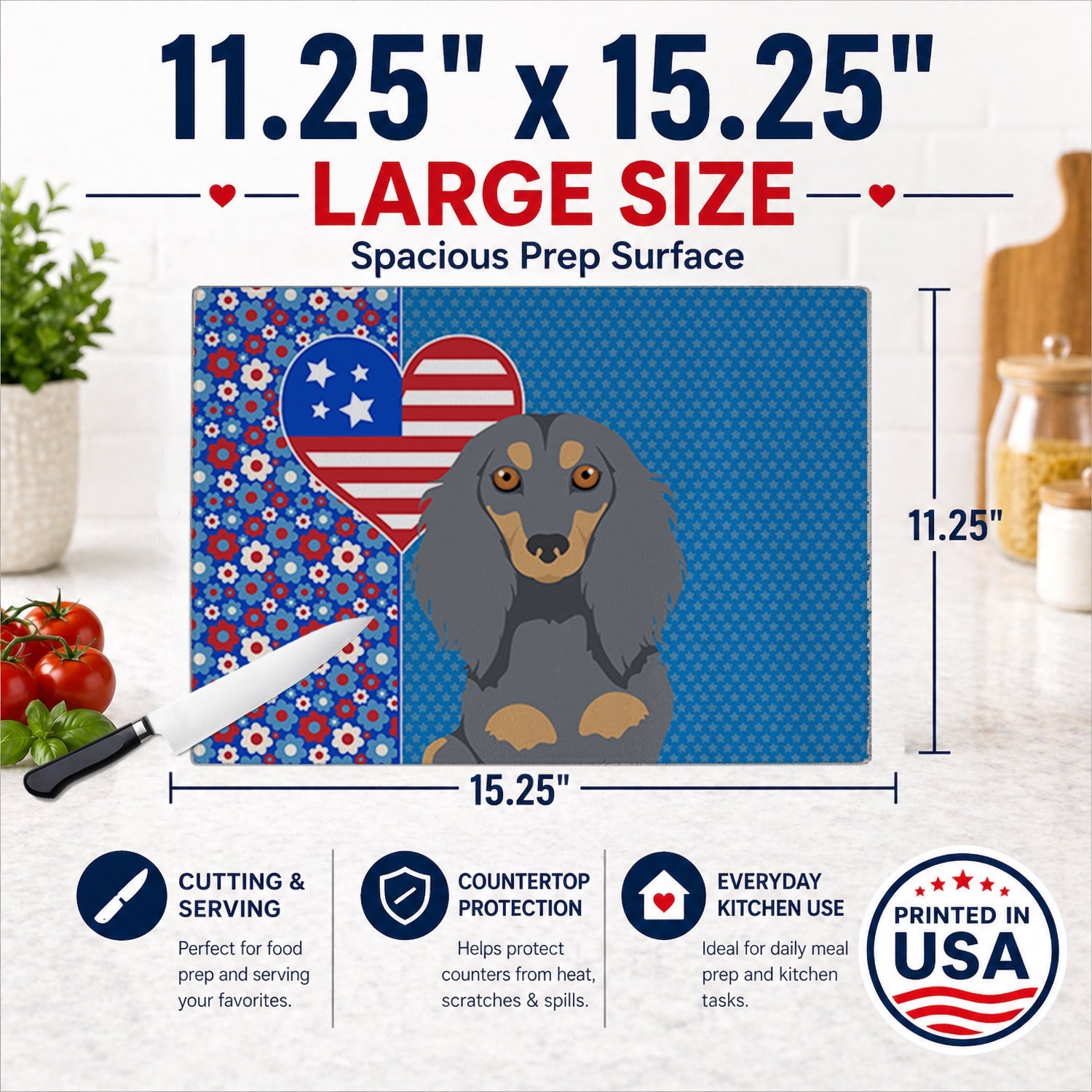 Longhair Blue and Tan Dachshund USA American Cutting Board Tempered Glass Kitchen Cutting Surface, Heat Resistant Chopping, Non-Slip Feet, Food Prep & Serving
