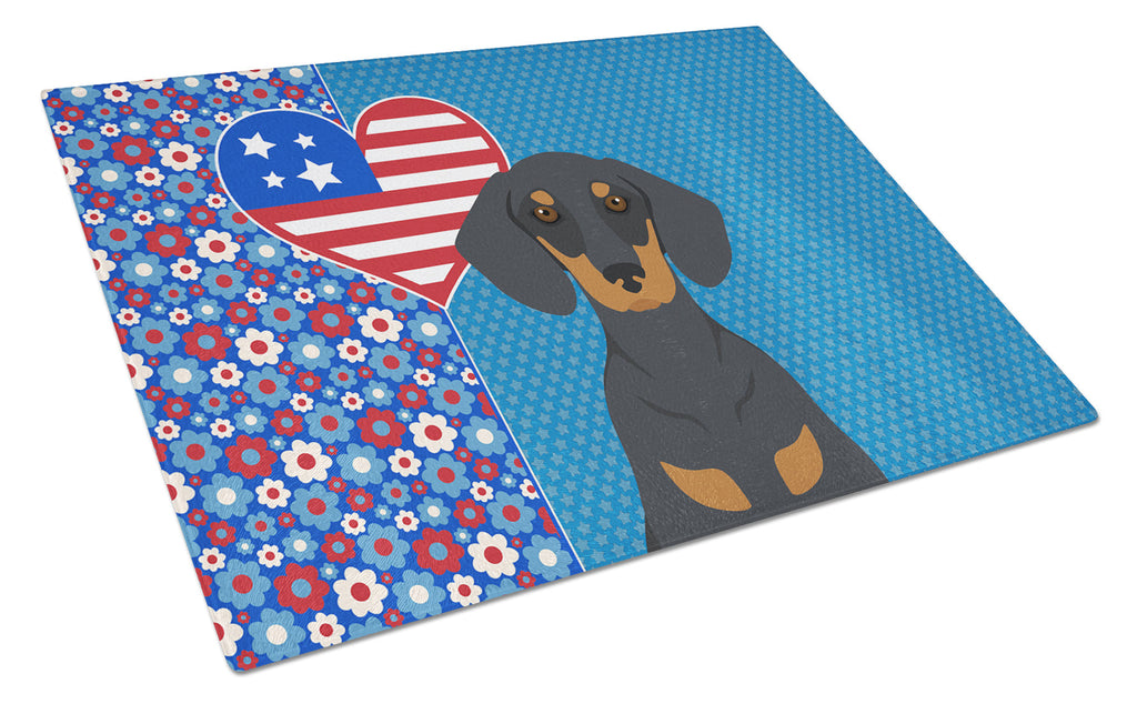 Black and Tan Dachshund USA American Cutting Board Tempered Glass Kitchen Cutting Surface, Heat Resistant Chopping, Non-Slip Feet, Food Prep & Serving