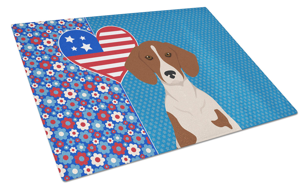 Red Piebald Dachshund USA American Cutting Board Tempered Glass Kitchen Cutting Surface, Heat Resistant Chopping, Non-Slip Feet, Food Prep & Serving