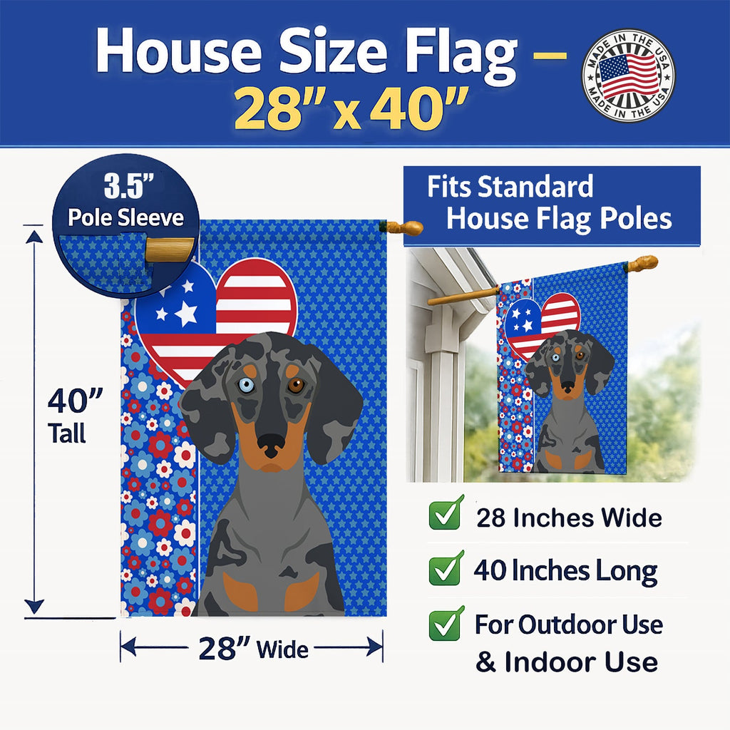 Black Dapple Dachshund USA American House Flag 28x40 Porch Sleeve Pole Decorative Outside Yard Banner Artwork Wall Hanging, Polyester