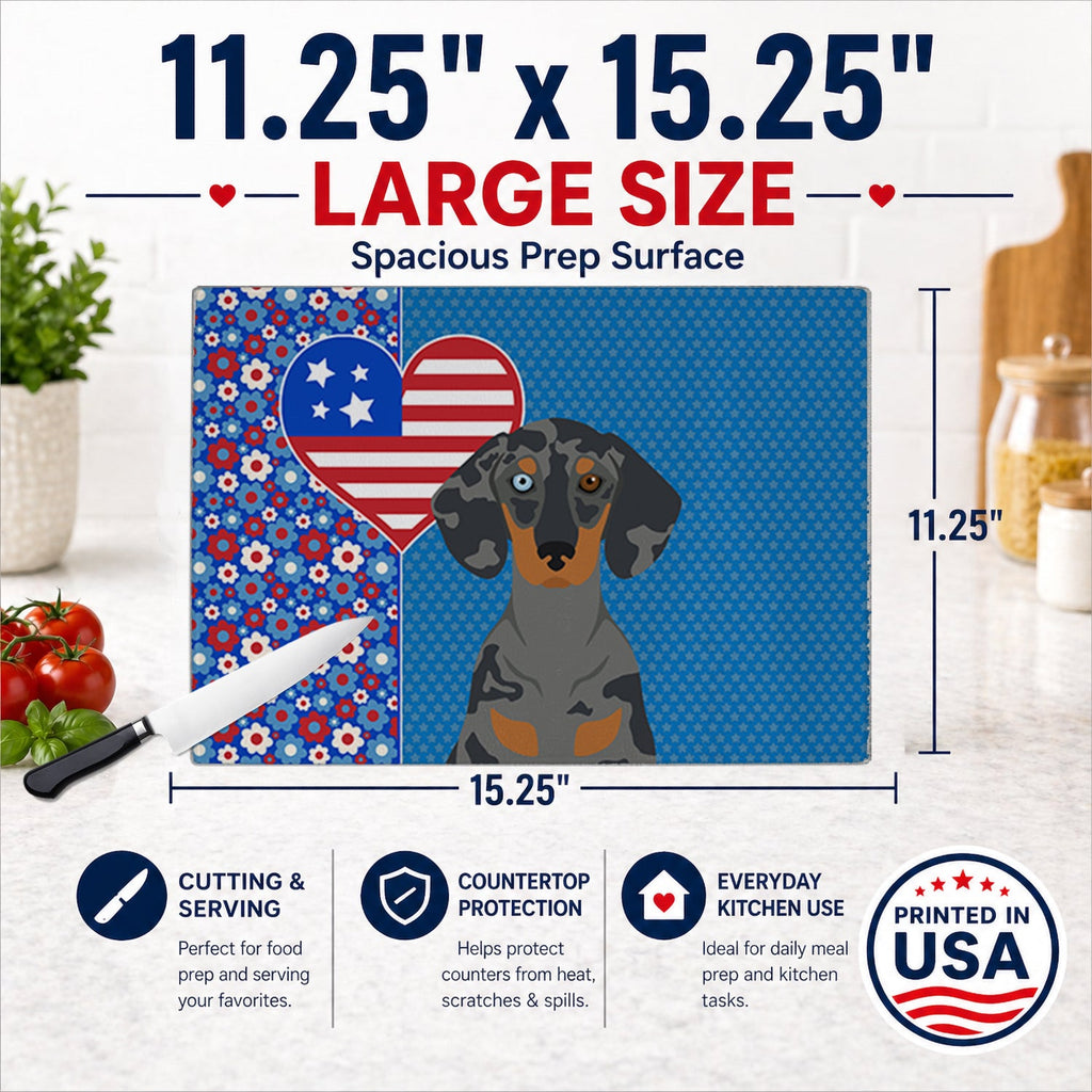 Black Dapple Dachshund USA American Cutting Board Tempered Glass Kitchen Cutting Surface, Heat Resistant Chopping, Non-Slip Feet, Food Prep & Serving