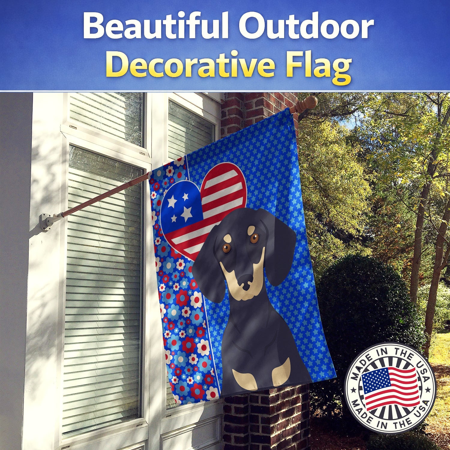 Black and Cream Dachshund USA American House Flag 28x40 Porch Sleeve Pole Decorative Outside Yard Banner Artwork Wall Hanging, Polyester