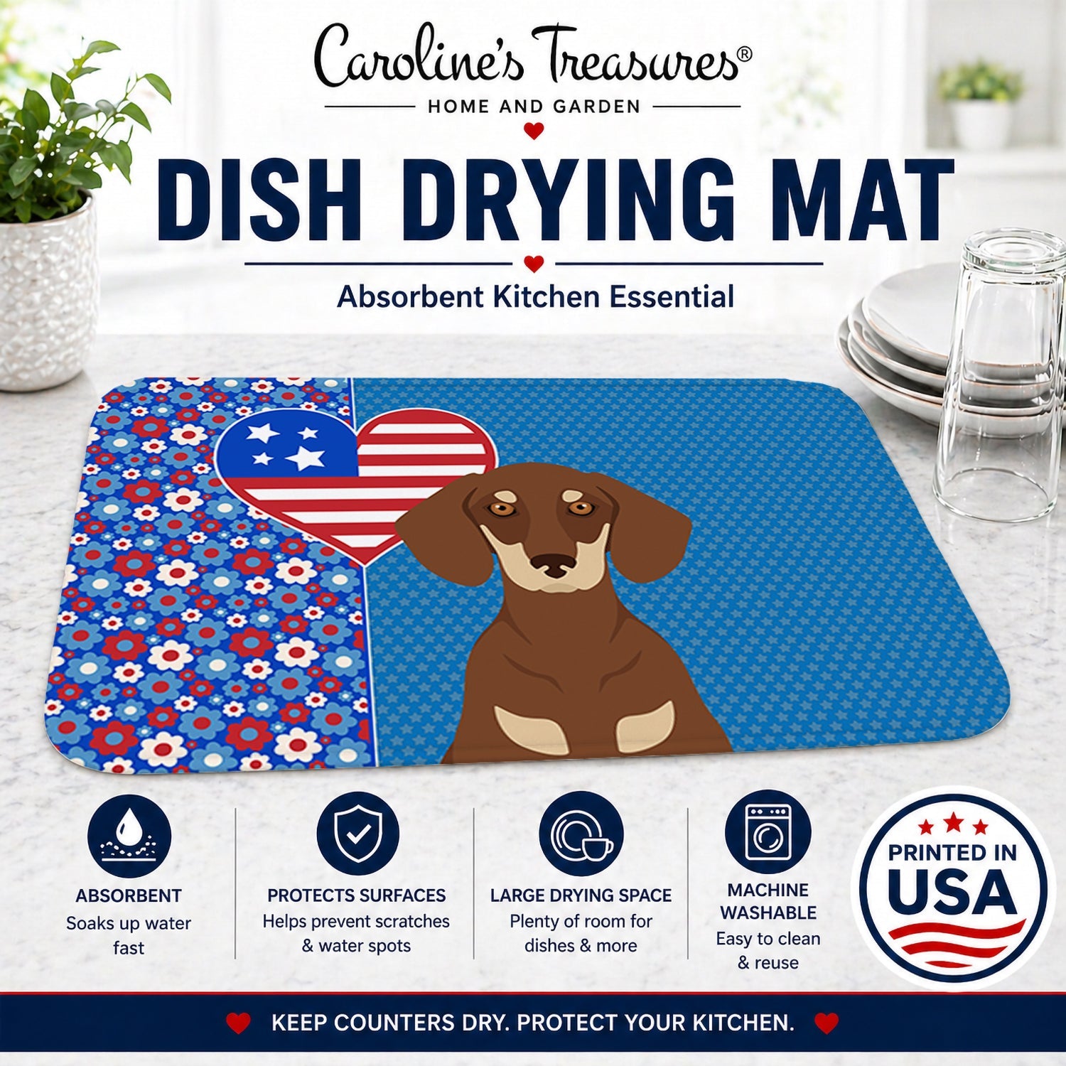 Chocolate and Cream Dachshund USA American Dish Drying Mat Absorbent Dish Drying Mat Pad for Kitchen Counter Dish Drainer Mat for Countertop, 14 x 21", Multicolor