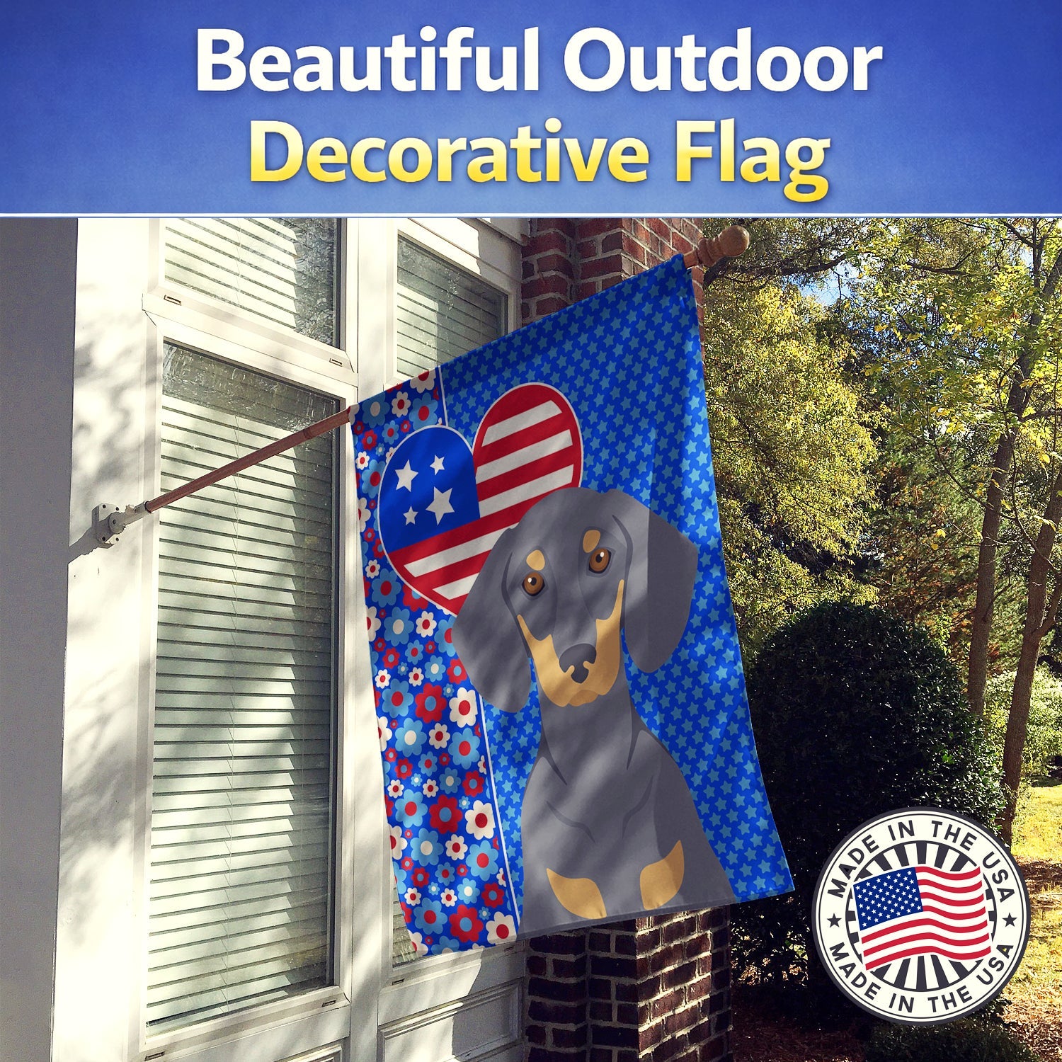 Blue and Tan Dachshund USA American House Flag 28x40 Porch Sleeve Pole Decorative Outside Yard Banner Artwork Wall Hanging, Polyester