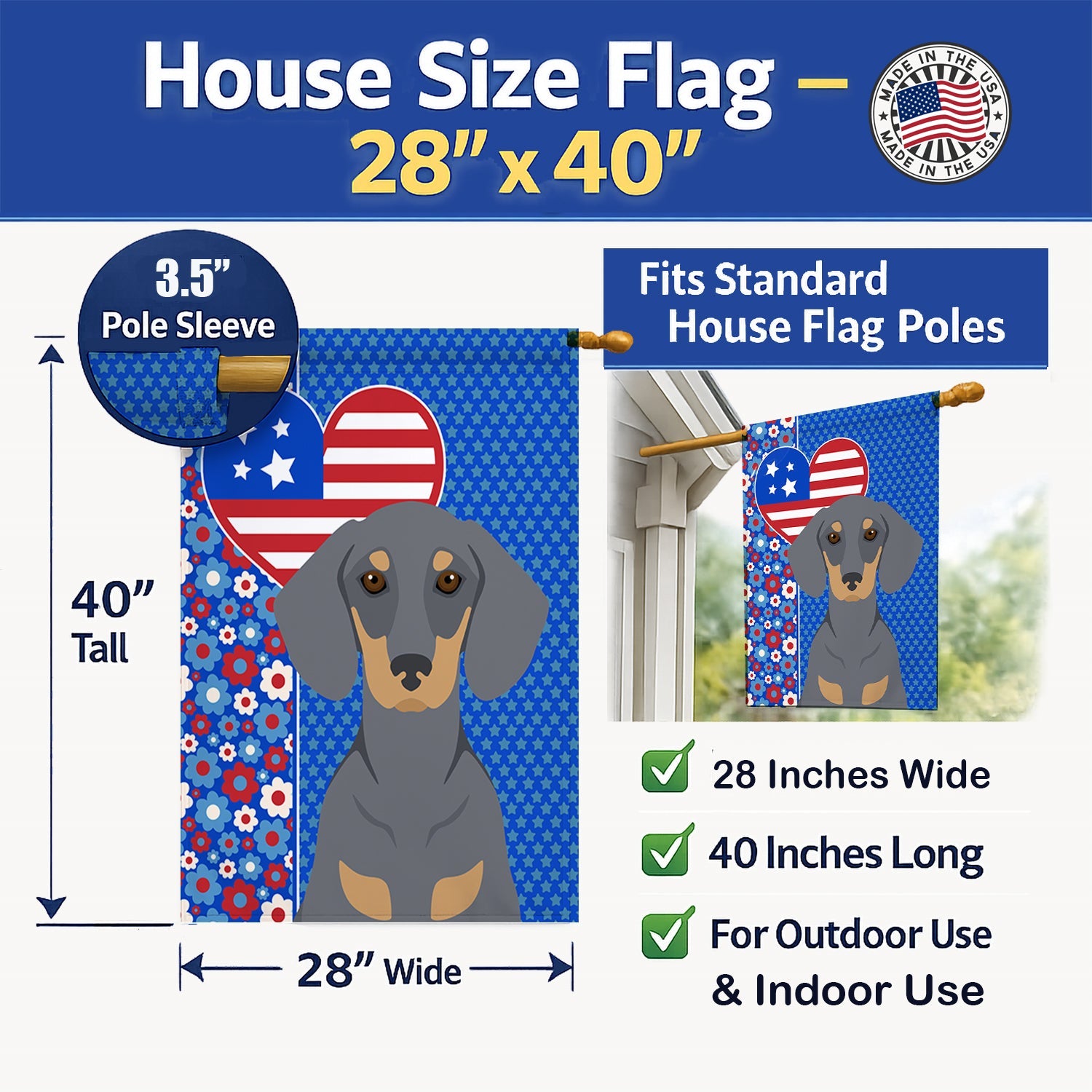 Blue and Tan Dachshund USA American House Flag 28x40 Porch Sleeve Pole Decorative Outside Yard Banner Artwork Wall Hanging, Polyester