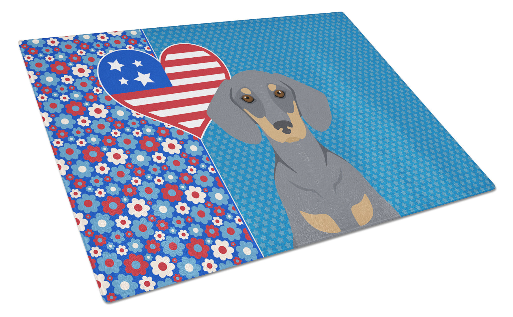 Blue and Tan Dachshund USA American Cutting Board Tempered Glass Kitchen Cutting Surface, Heat Resistant Chopping, Non-Slip Feet, Food Prep & Serving