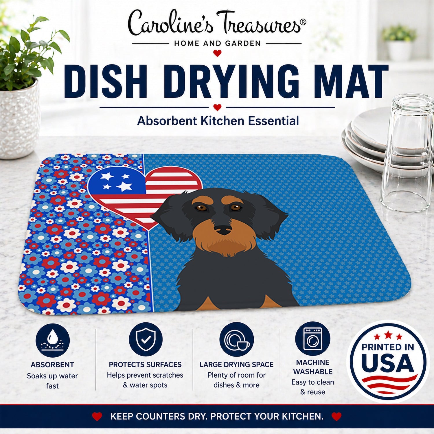 Wirehair Black and Tan Dachshund USA American Dish Drying Mat Absorbent Dish Drying Mat Pad for Kitchen Counter Dish Drainer Mat for Countertop, 14 x 21", Multicolor