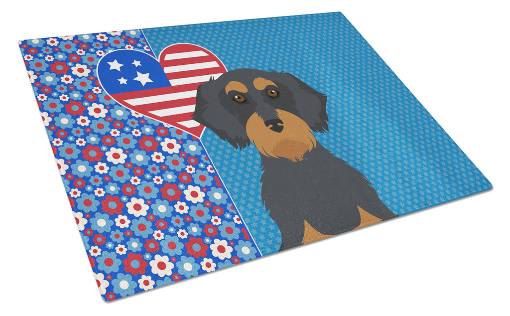 Wirehair Black and Tan Dachshund USA American Cutting Board Tempered Glass Kitchen Cutting Surface, Heat Resistant Chopping, Non-Slip Feet, Food Prep & Serving