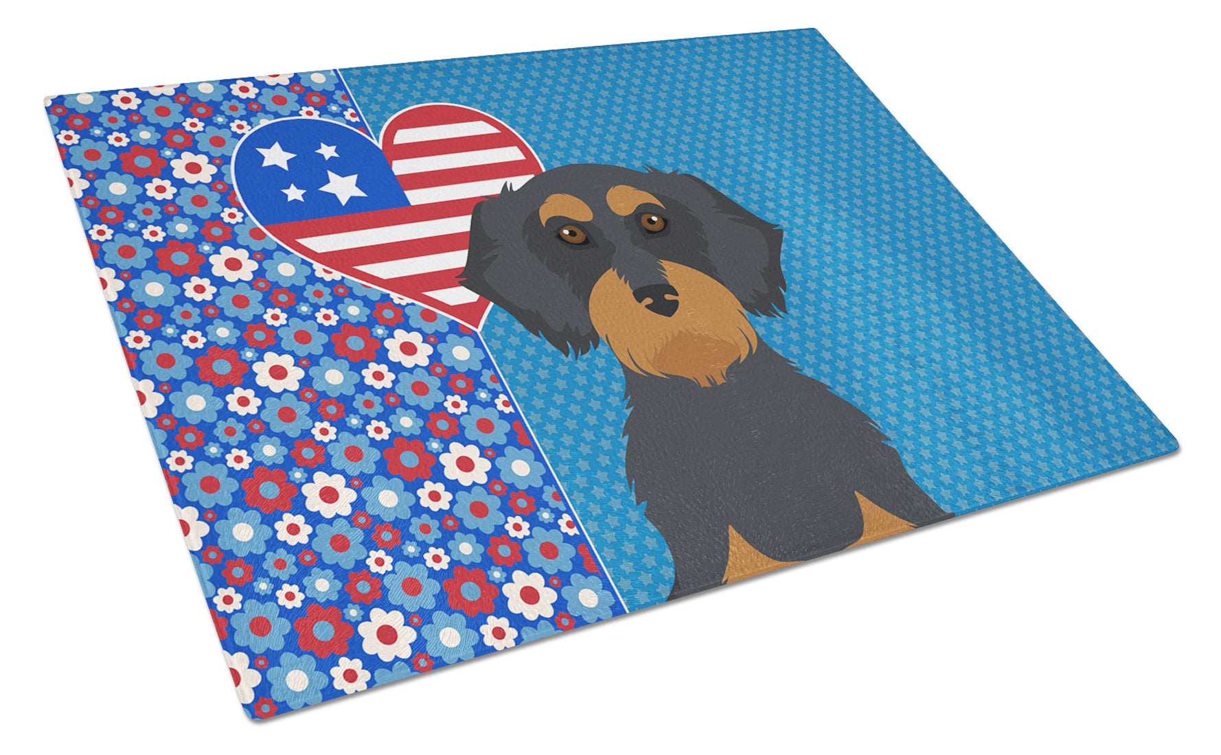 Wirehair Black and Tan Dachshund USA American Cutting Board Tempered Glass Kitchen Cutting Surface, Heat Resistant Chopping, Non-Slip Feet, Food Prep & Serving