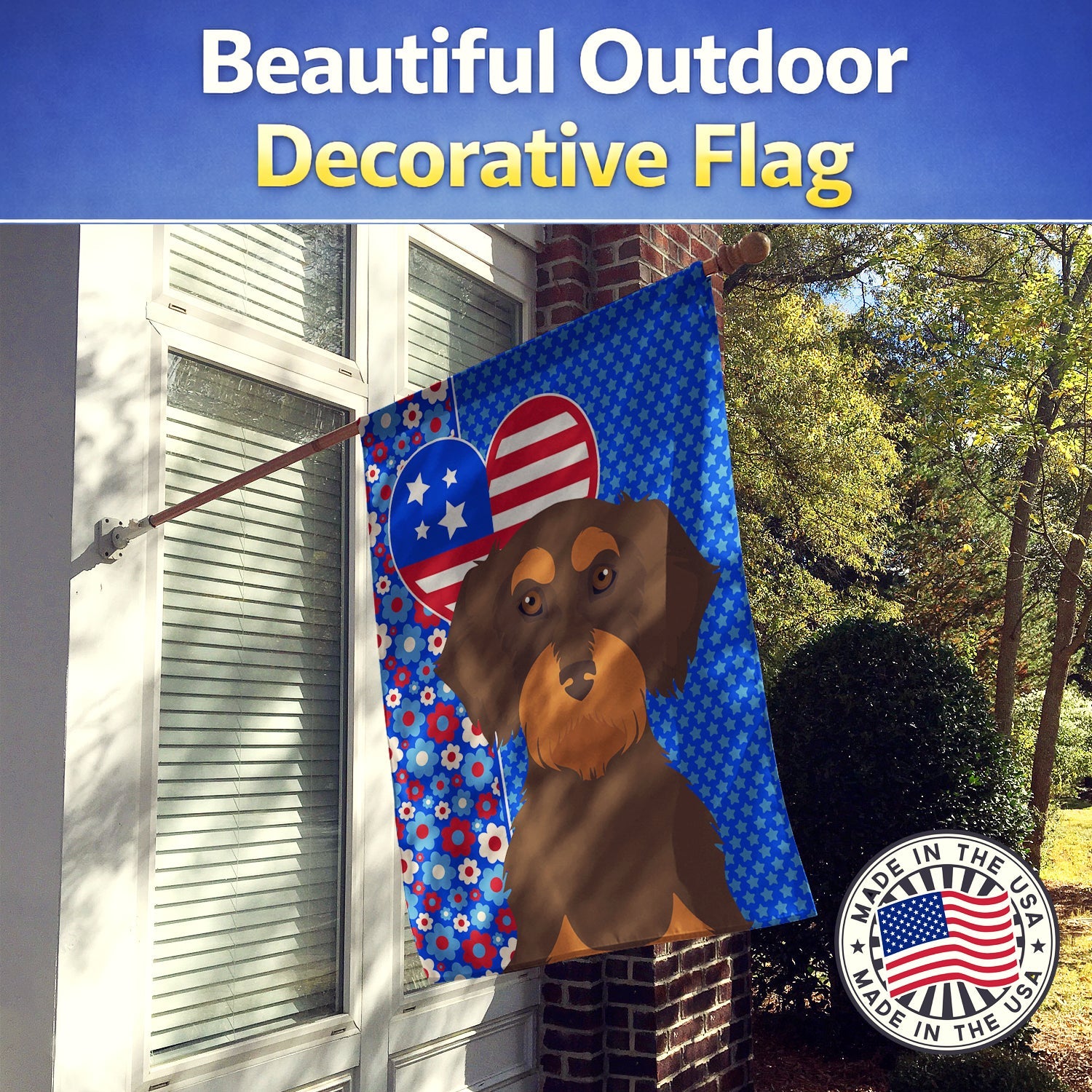 Wirehair Chocolate and Tan Dachshund USA American House Flag 28x40 Porch Sleeve Pole Decorative Outside Yard Banner Artwork Wall Hanging, Polyester