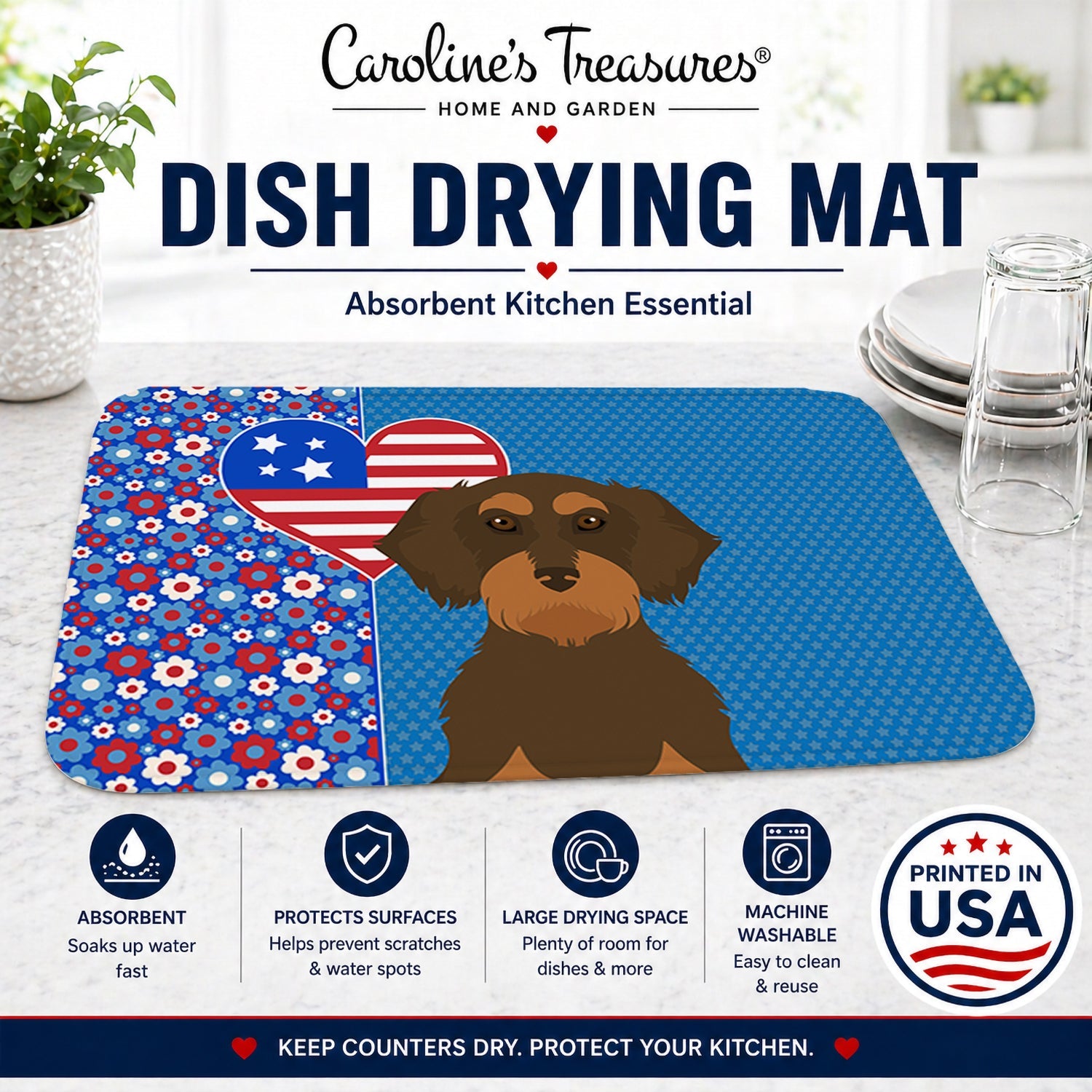 Wirehair Chocolate and Tan Dachshund USA American Dish Drying Mat Absorbent Dish Drying Mat Pad for Kitchen Counter Dish Drainer Mat for Countertop, 14 x 21", Multicolor