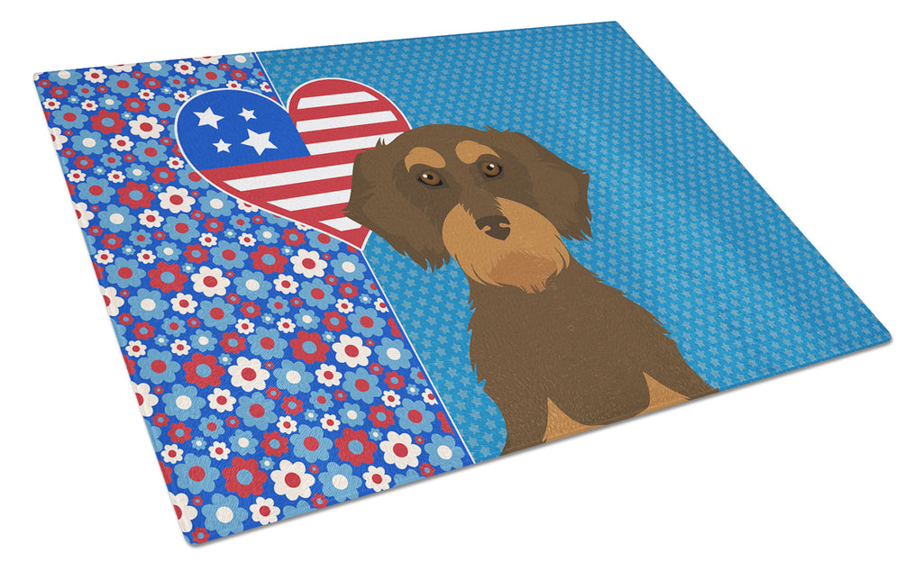 Wirehair Chocolate and Tan Dachshund USA American Cutting Board Tempered Glass Kitchen Cutting Surface, Heat Resistant Chopping, Non-Slip Feet, Food Prep & Serving