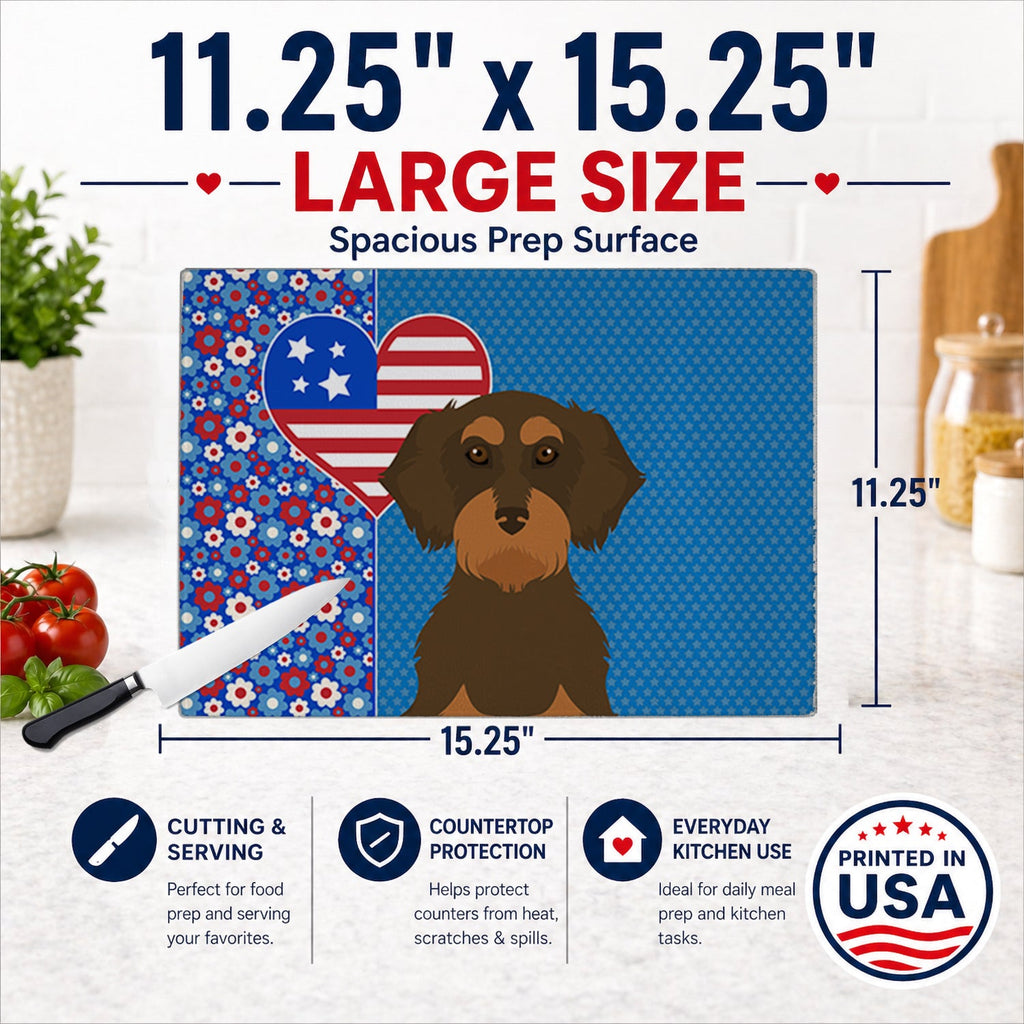 Wirehair Chocolate and Tan Dachshund USA American Cutting Board Tempered Glass Kitchen Cutting Surface, Heat Resistant Chopping, Non-Slip Feet, Food Prep & Serving