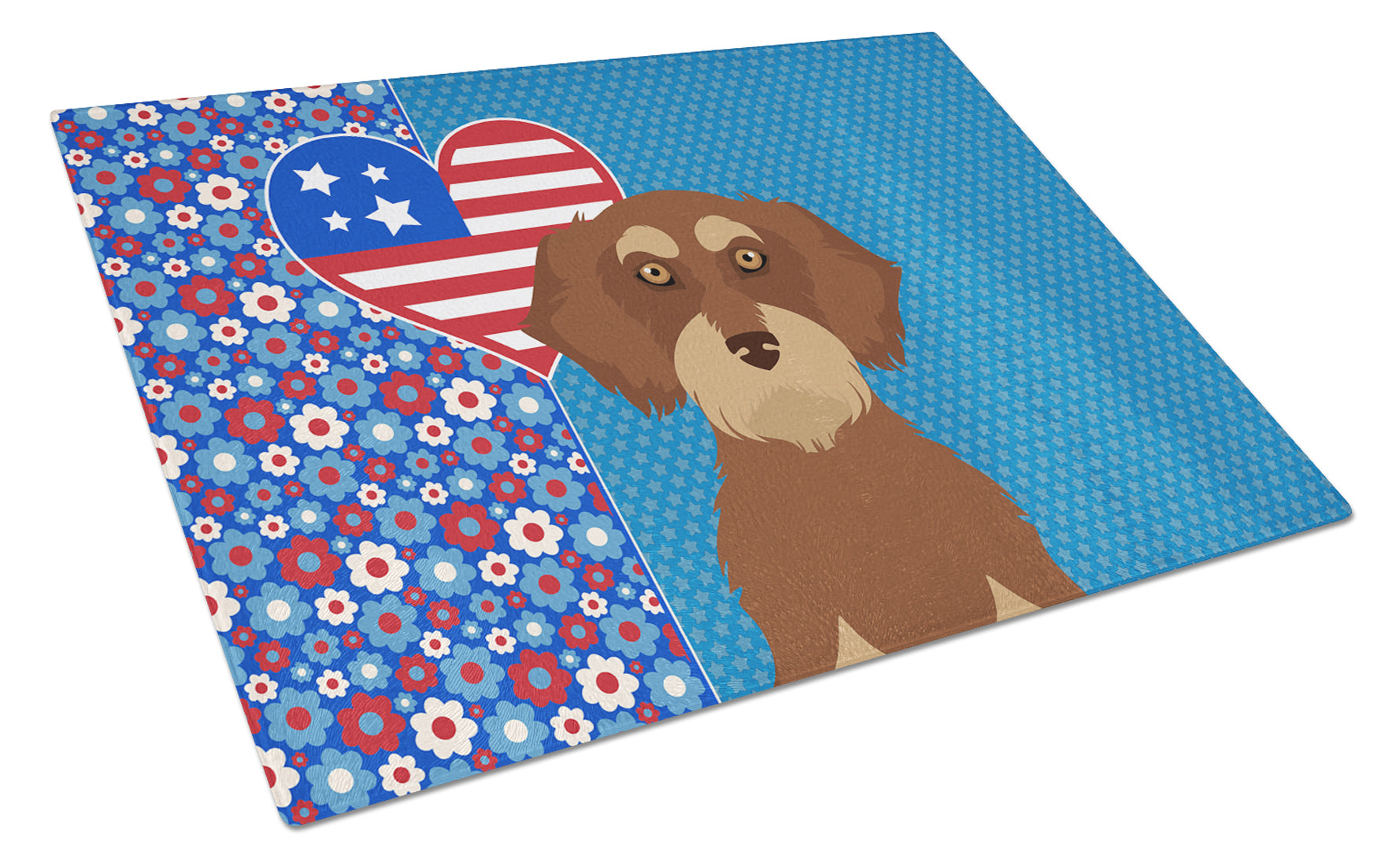 Wirehair Red and Tan Dachshund USA American Cutting Board Tempered Glass Kitchen Cutting Surface, Heat Resistant Chopping, Non-Slip Feet, Food Prep & Serving