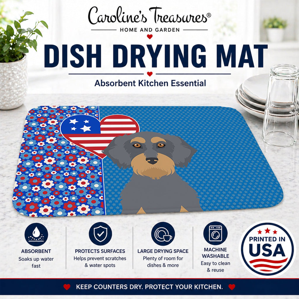 Wirehair Blue and Tan Dachshund USA American Dish Drying Mat Absorbent Dish Drying Mat Pad for Kitchen Counter Dish Drainer Mat for Countertop, 14 x 21", Multicolor
