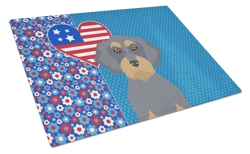 Wirehair Blue and Tan Dachshund USA American Cutting Board Tempered Glass Kitchen Cutting Surface, Heat Resistant Chopping, Non-Slip Feet, Food Prep & Serving