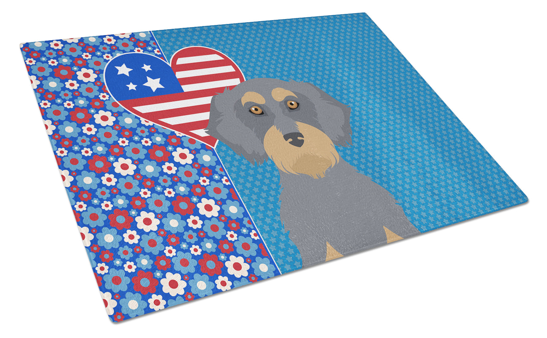 Wirehair Blue and Tan Dachshund USA American Cutting Board Tempered Glass Kitchen Cutting Surface, Heat Resistant Chopping, Non-Slip Feet, Food Prep & Serving