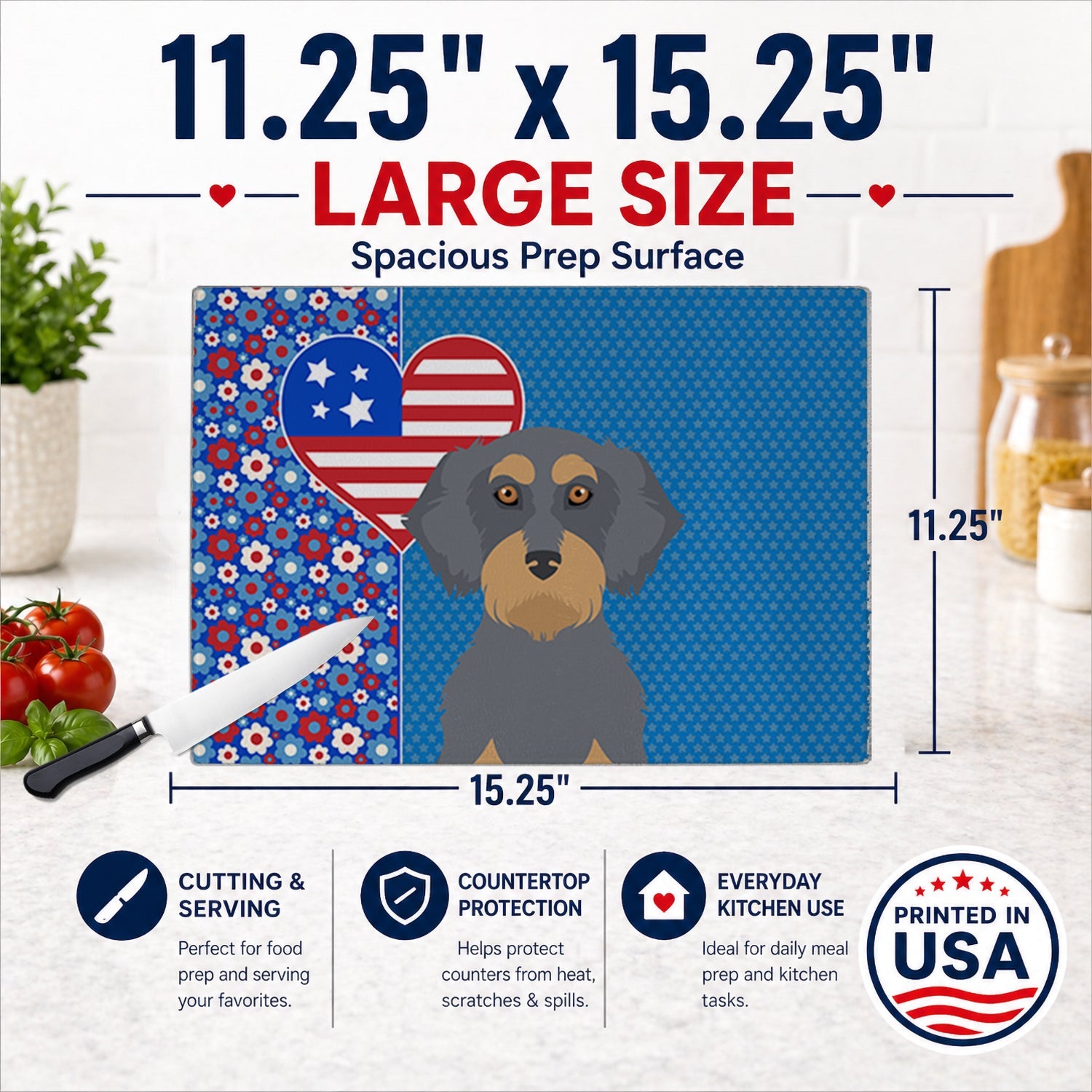 Wirehair Blue and Tan Dachshund USA American Cutting Board Tempered Glass Kitchen Cutting Surface, Heat Resistant Chopping, Non-Slip Feet, Food Prep & Serving