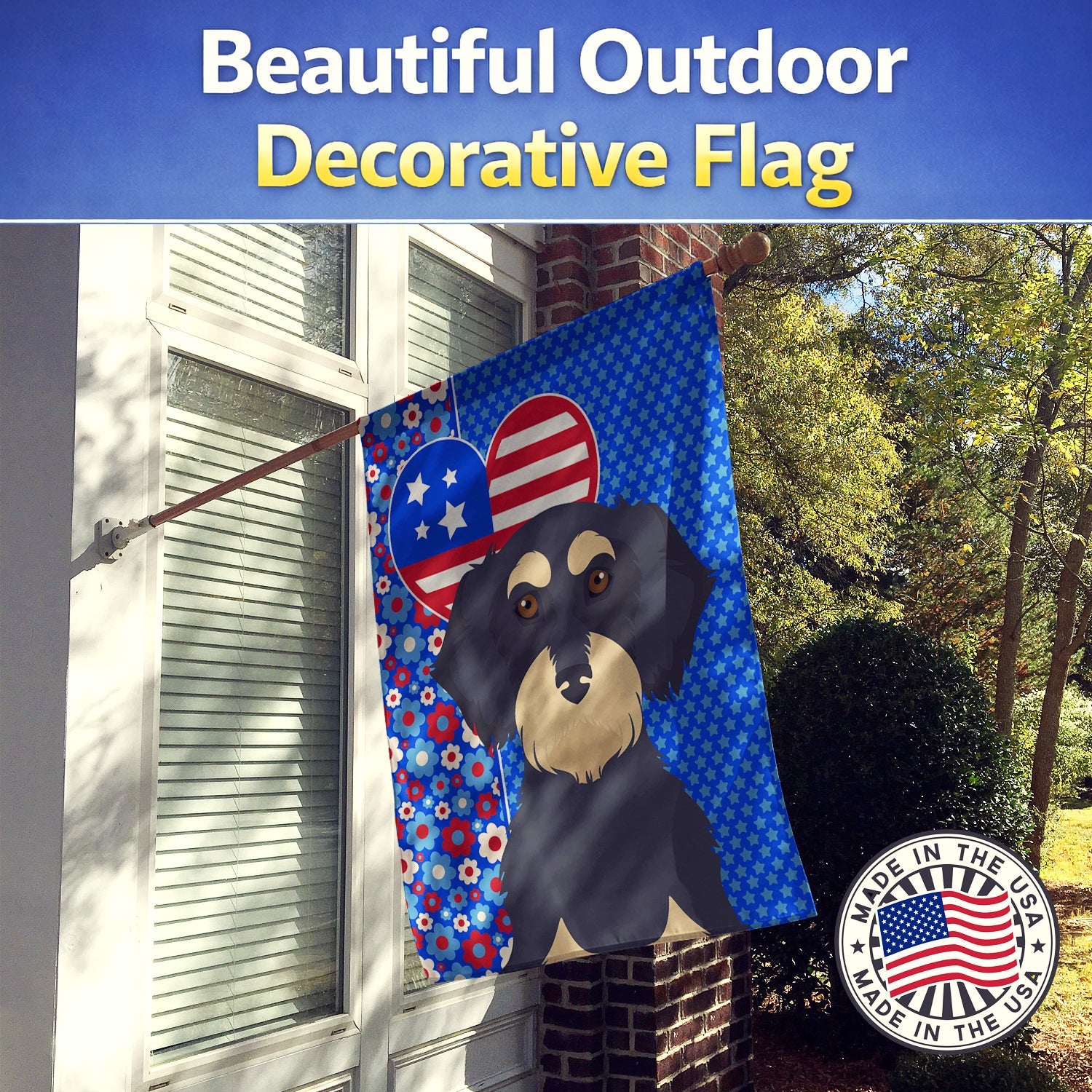 Wirehair Black and Cream Dachshund USA American House Flag 28x40 Porch Sleeve Pole Decorative Outside Yard Banner Artwork Wall Hanging, Polyester