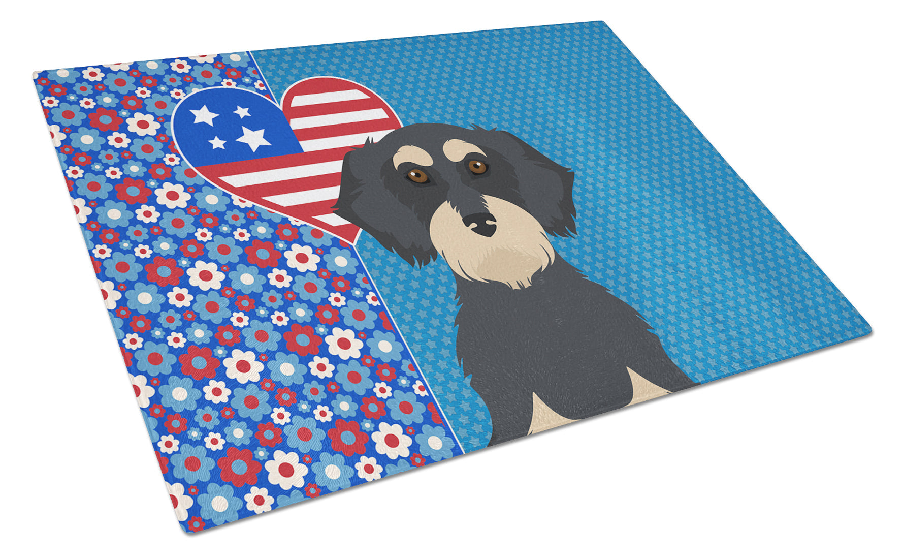 Wirehair Black and Cream Dachshund USA American Cutting Board Tempered Glass Kitchen Cutting Surface, Heat Resistant Chopping, Non-Slip Feet, Food Prep & Serving