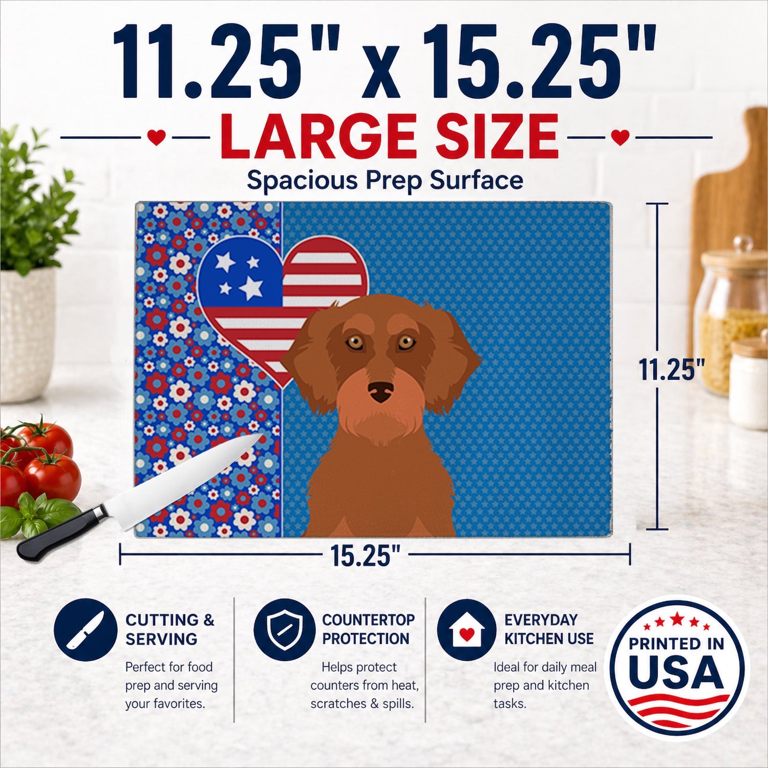 Wirehair Red Dachshund USA American Cutting Board Tempered Glass Kitchen Cutting Surface, Heat Resistant Chopping, Non-Slip Feet, Food Prep & Serving