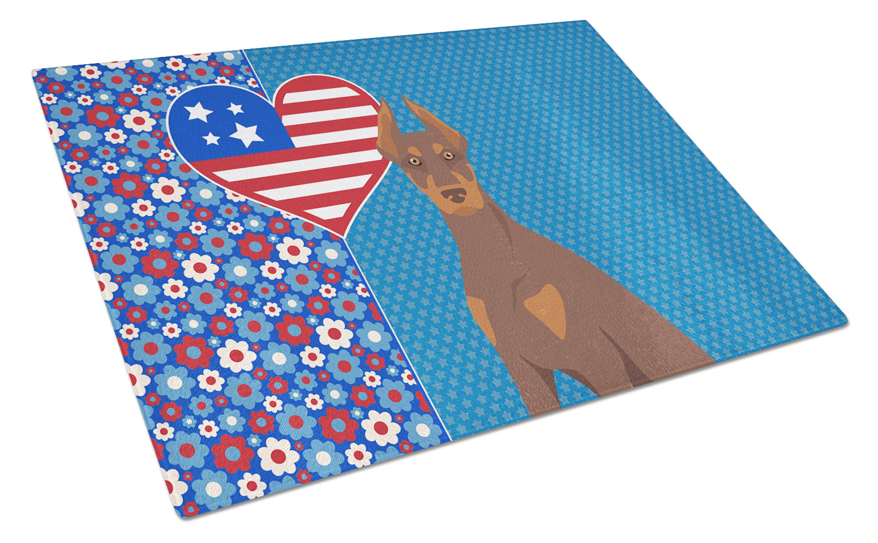 Red and Tan Doberman Pinscher USA American Cutting Board Tempered Glass Kitchen Cutting Surface, Heat Resistant Chopping, Non-Slip Feet, Food Prep & Serving