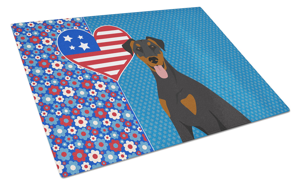 Natural Ear Black and Tan Doberman Pinscher USA American Cutting Board Tempered Glass Kitchen Cutting Surface, Heat Resistant Chopping, Non-Slip Feet, Food Prep & Serving