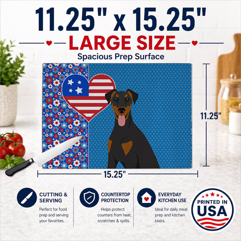 Natural Ear Black and Tan Doberman Pinscher USA American Cutting Board Tempered Glass Kitchen Cutting Surface, Heat Resistant Chopping, Non-Slip Feet, Food Prep & Serving