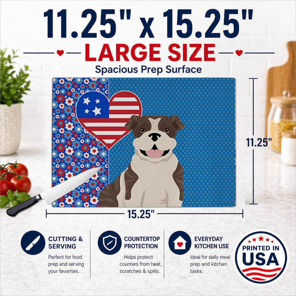 Brindle English Bulldog USA American Cutting Board Tempered Glass Kitchen Cutting Surface, Heat Resistant Chopping, Non-Slip Feet, Food Prep & Serving