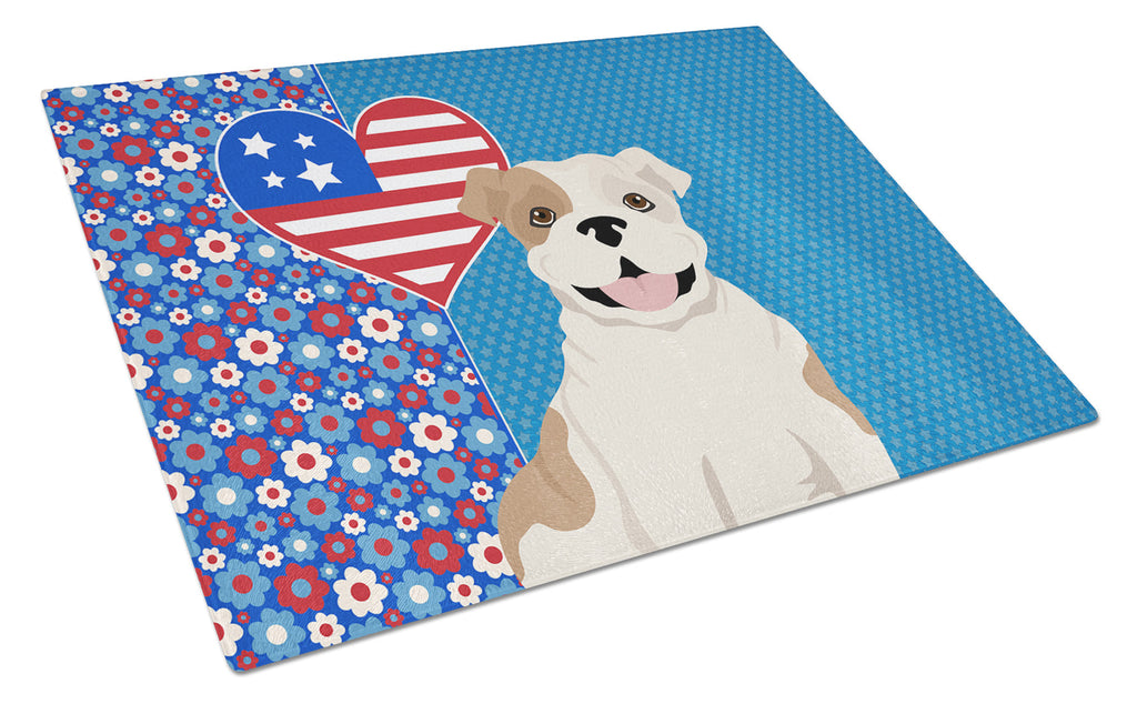 Piebald English Bulldog USA American Cutting Board Tempered Glass Kitchen Cutting Surface, Heat Resistant Chopping, Non-Slip Feet, Food Prep & Serving