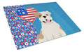 Piebald English Bulldog USA American Cutting Board Tempered Glass Kitchen Cutting Surface, Heat Resistant Chopping, Non-Slip Feet, Food Prep & Serving