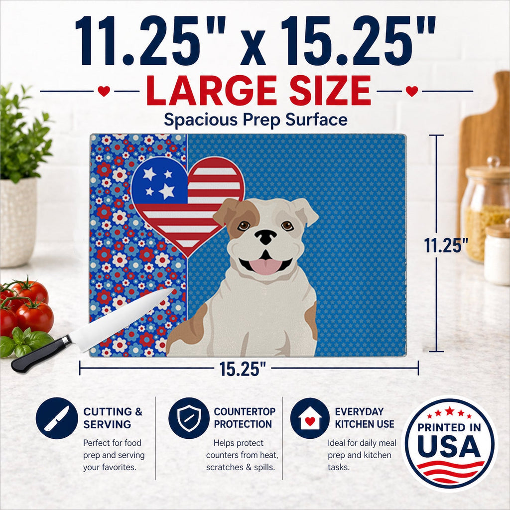 Piebald English Bulldog USA American Cutting Board Tempered Glass Kitchen Cutting Surface, Heat Resistant Chopping, Non-Slip Feet, Food Prep & Serving
