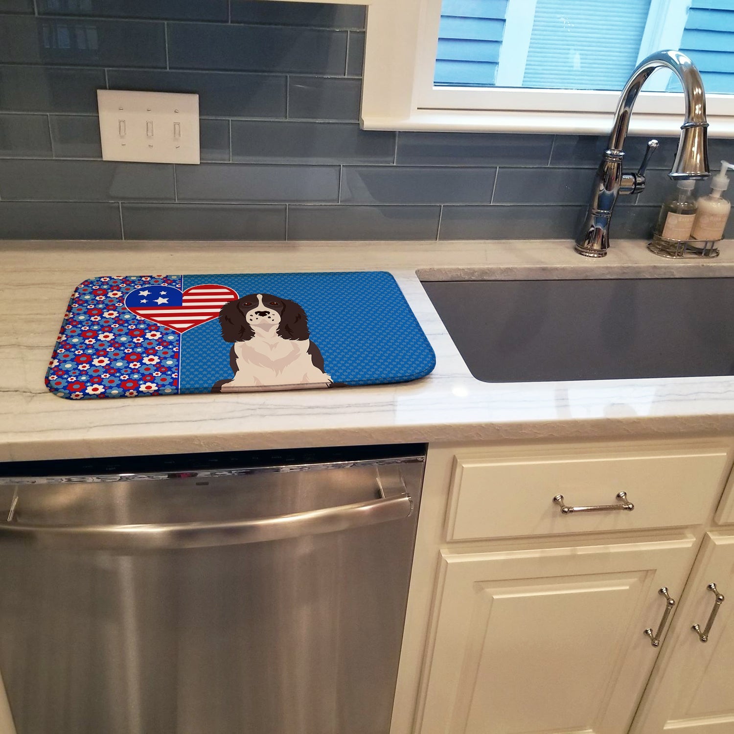 Black English Springer Spaniel USA American Dish Drying Mat Absorbent Dish Drying Mat Pad for Kitchen Counter Dish Drainer Mat for Countertop, 14 x 21", Multicolor
