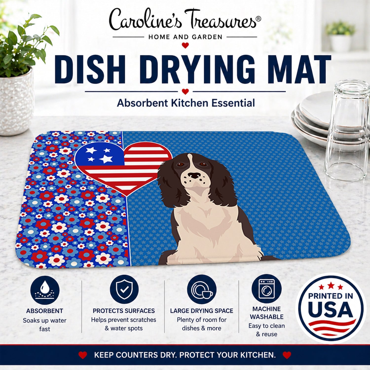 Black English Springer Spaniel USA American Dish Drying Mat Absorbent Dish Drying Mat Pad for Kitchen Counter Dish Drainer Mat for Countertop, 14 x 21", Multicolor