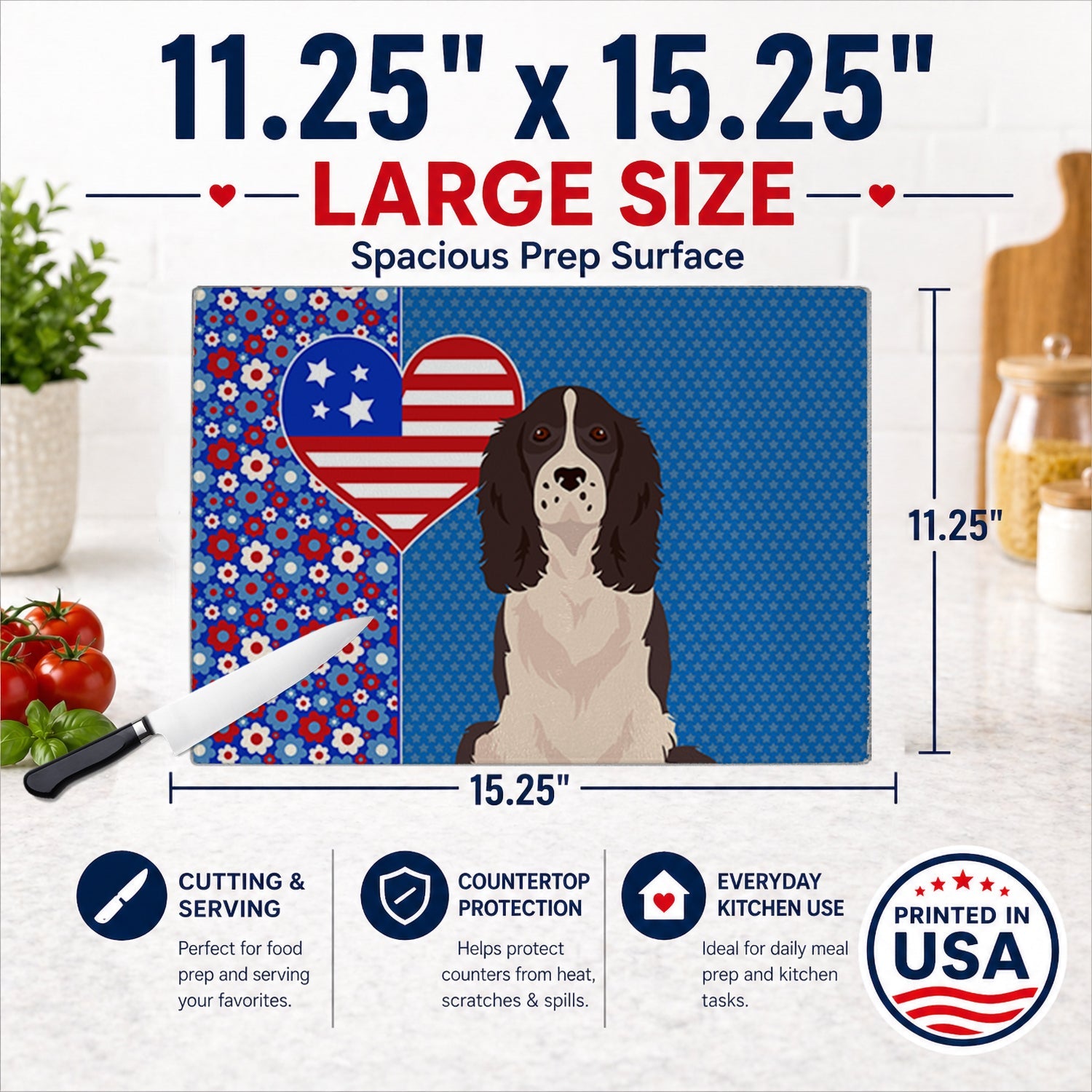 Black English Springer Spaniel USA American Cutting Board Tempered Glass Kitchen Cutting Surface, Heat Resistant Chopping, Non-Slip Feet, Food Prep & Serving