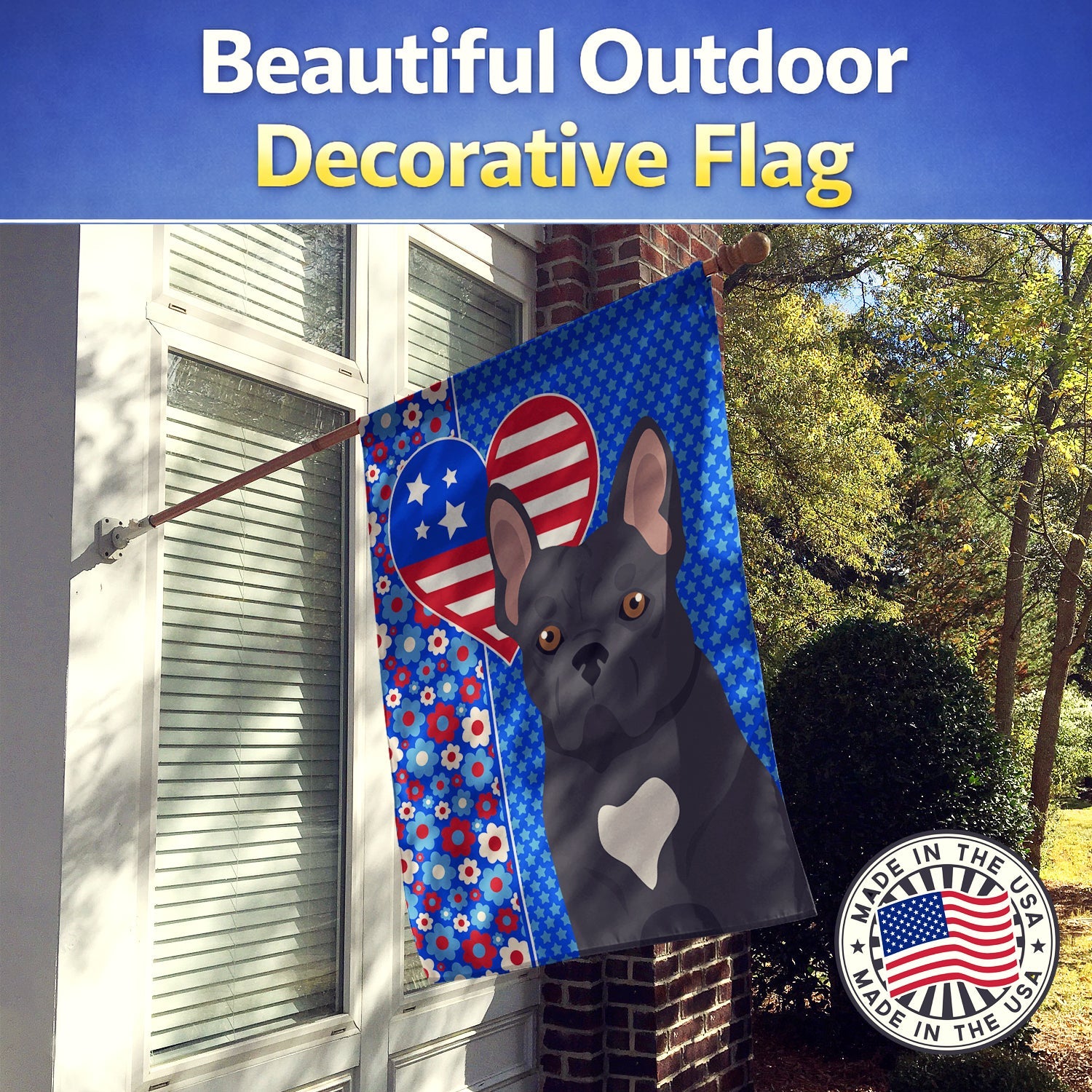 Black French Bulldog USA American House Flag 28x40 Porch Sleeve Pole Decorative Outside Yard Banner Artwork Wall Hanging, Polyester